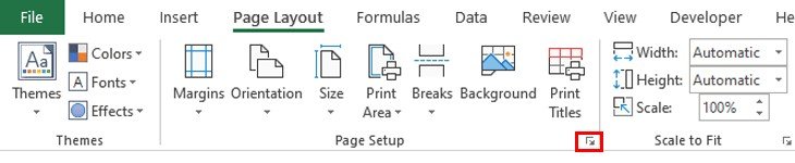 Truy cập cửa sổ Page Setup từ tab Page Layout trong Excel