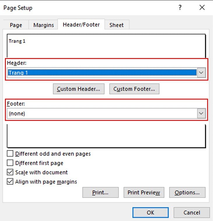 Tùy chọn Header Footer trong cài đặt Page Setup Excel