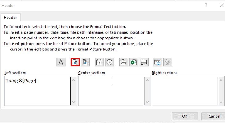 Sử dụng nút Insert Page Number để chèn số trang trong Excel