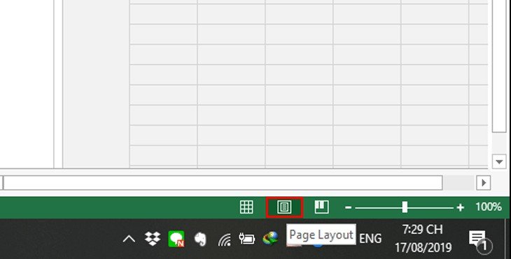 Giao diện Page Layout để bắt đầu đánh số trang Excel