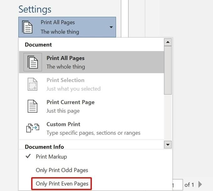 Chọn in các trang chẵn (Even Pages) cho lần in thứ hai