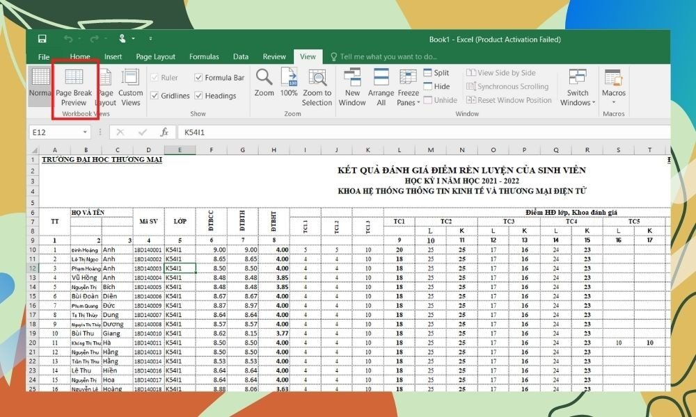 Chọn chế độ Page Break Preview trong tab View
