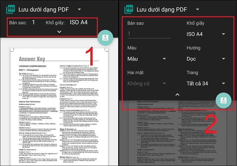 Cài đặt tùy chọn in PDF trên điện thoại Android (màu sắc, hướng, số trang)