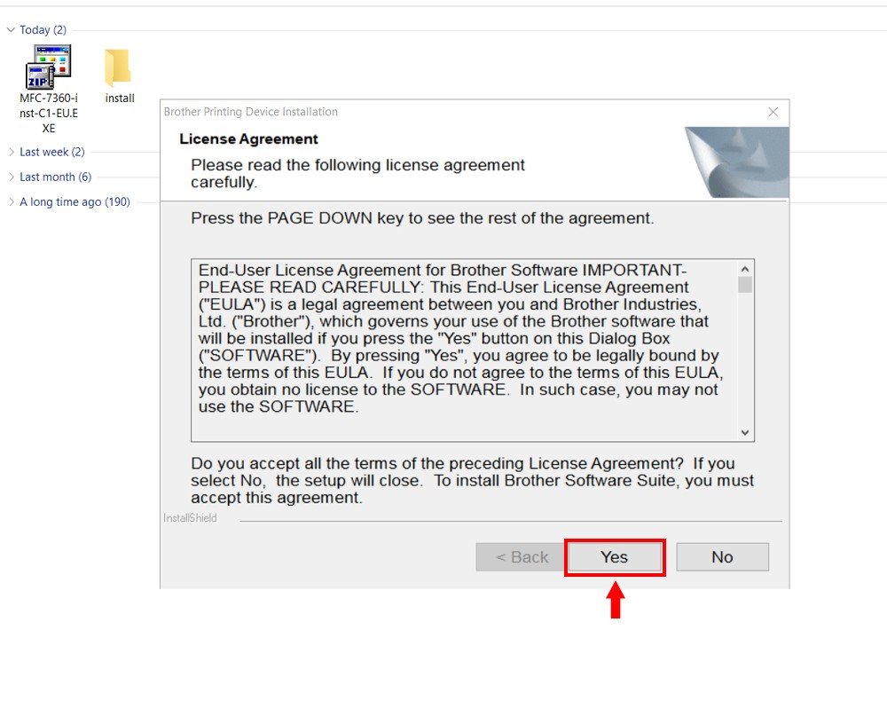 Nút Yes chấp nhận điều khoản phần mềm Brother MFC-7360