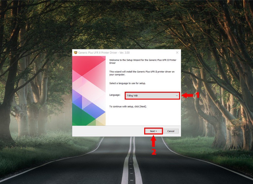 Chọn Tiếng Việt trong quá trình cài đặt driver Canon LBP212DW