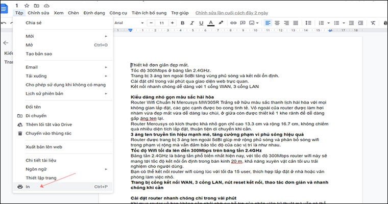 Mở tài liệu cần in, chọn Tệp sau đó chọn In để mở hộp thoại in ấn