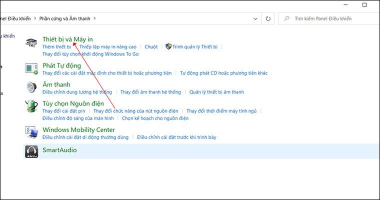 Chọn mục Devices and Printers để xem danh sách các máy in đã được cài đặt