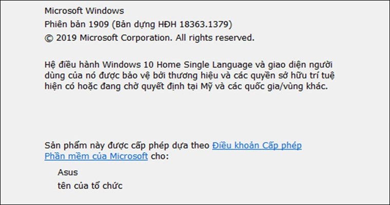 Thông tin chi tiết hệ điều hành Windows hiển thị sau lệnh Winver