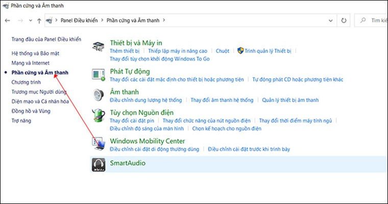 Chọn mục Hardware and Sound trong Control Panel