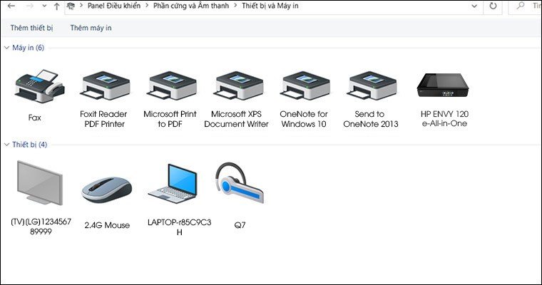 Danh sách Thiết bị và Máy in hiển thị, tìm máy in HP vừa cài đặt