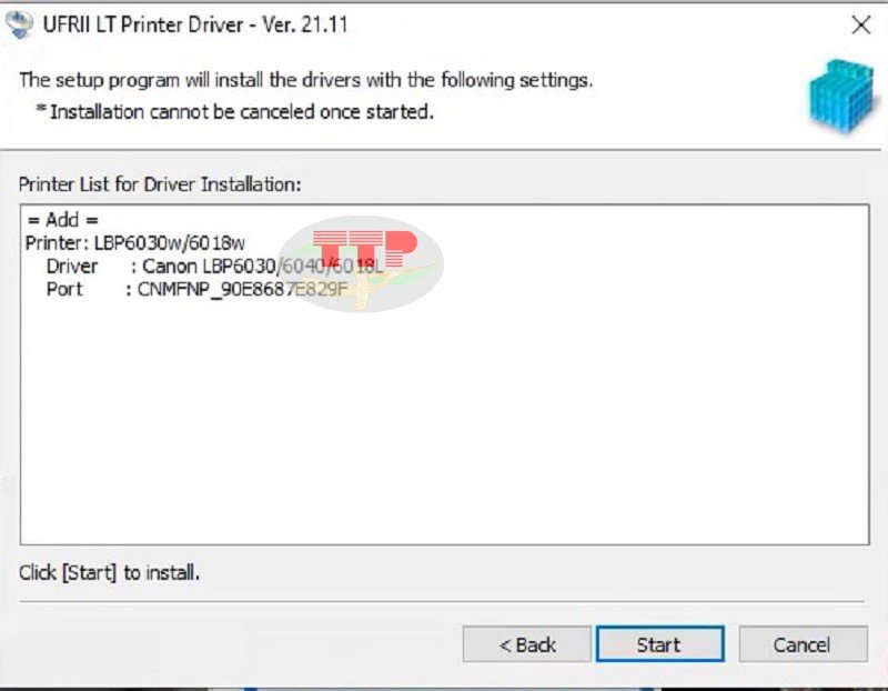 Chọn máy in Canon LBP 6030W từ danh sách và bắt đầu cài đặt driver