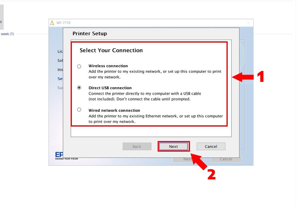 Chọn phương thức kết nối (USB/Mạng) cho máy in Epson WF-7710