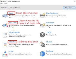 Giao diện các chức năng bảo trì đầu phun máy in Canon
