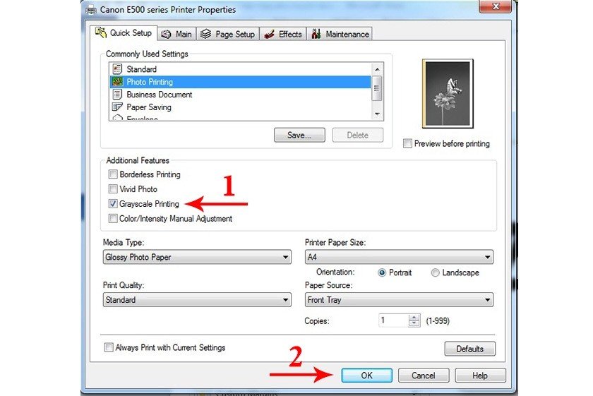 Chọn chế độ in đen trắng trong hộp thoại cài đặt in