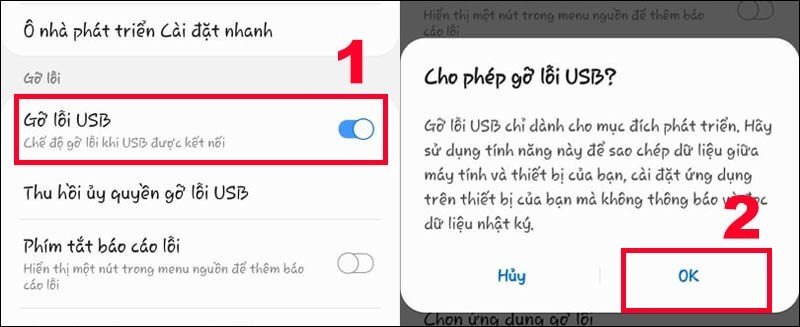Bật gỡ lỗi USB trong Tùy chọn nhà phát triển để kết nối điện thoại với máy in Canon 2900