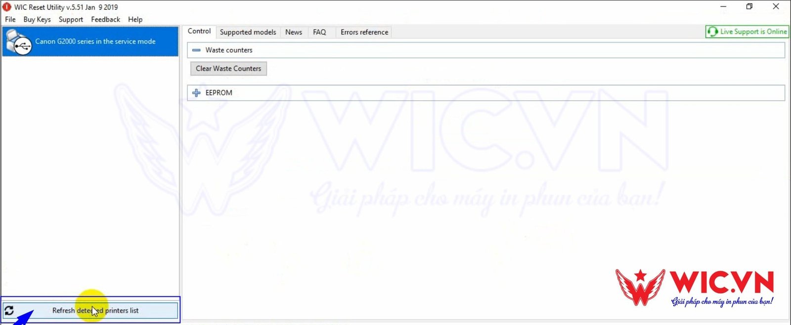 Giao diện Wic Reset Utility hiển thị danh sách máy in đã kết nối