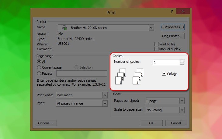 Thiết lập số lượng bản in cần sao chép trong tùy chọn Copies