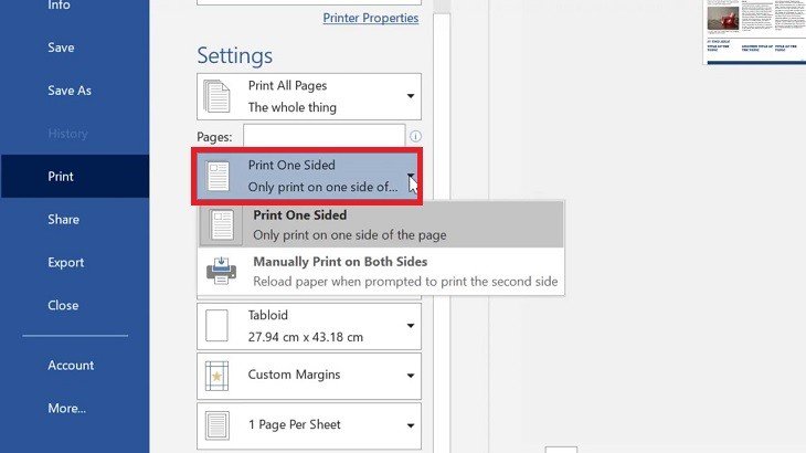 Lựa chọn in một mặt hoặc hai mặt giấy (Print One Sided / Duplex)