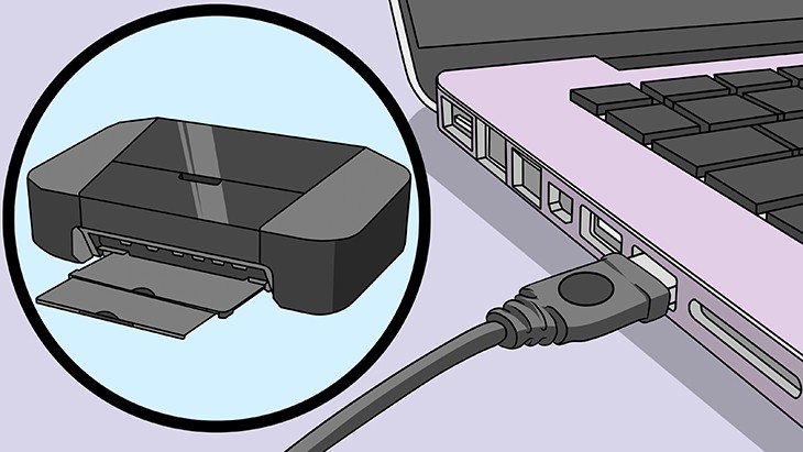 Kết nối dây nguồn và cáp dữ liệu giữa máy in và máy tính