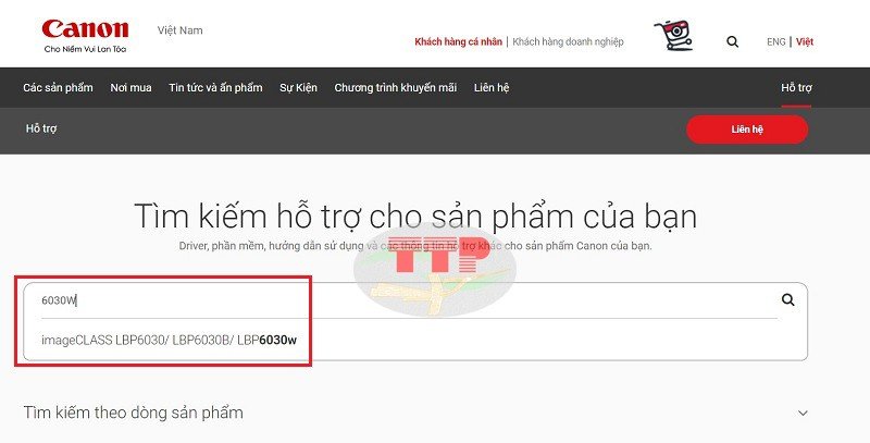 Nhập mã sản phẩm LBP6030W để tìm driver trên website Canon
