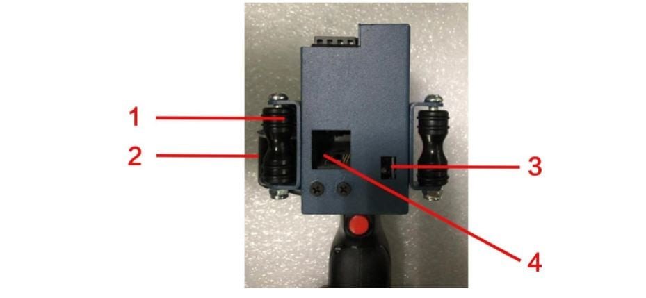 Cổng USB, nút in thủ công và vị trí lắp hộp mực trên máy in date mini