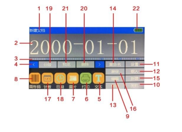 Giao diện chính của máy in date cầm tay hiển thị các nút chức năng cơ bản