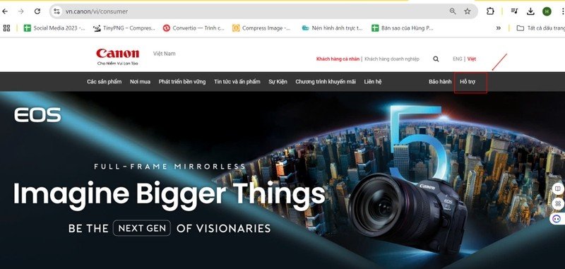 Giao diện trang hỗ trợ của Canon Việt Nam để tìm driver máy in