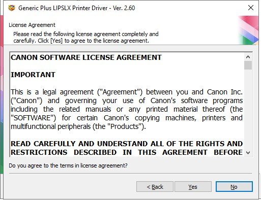 Đồng ý với các điều khoản sử dụng driver Canon