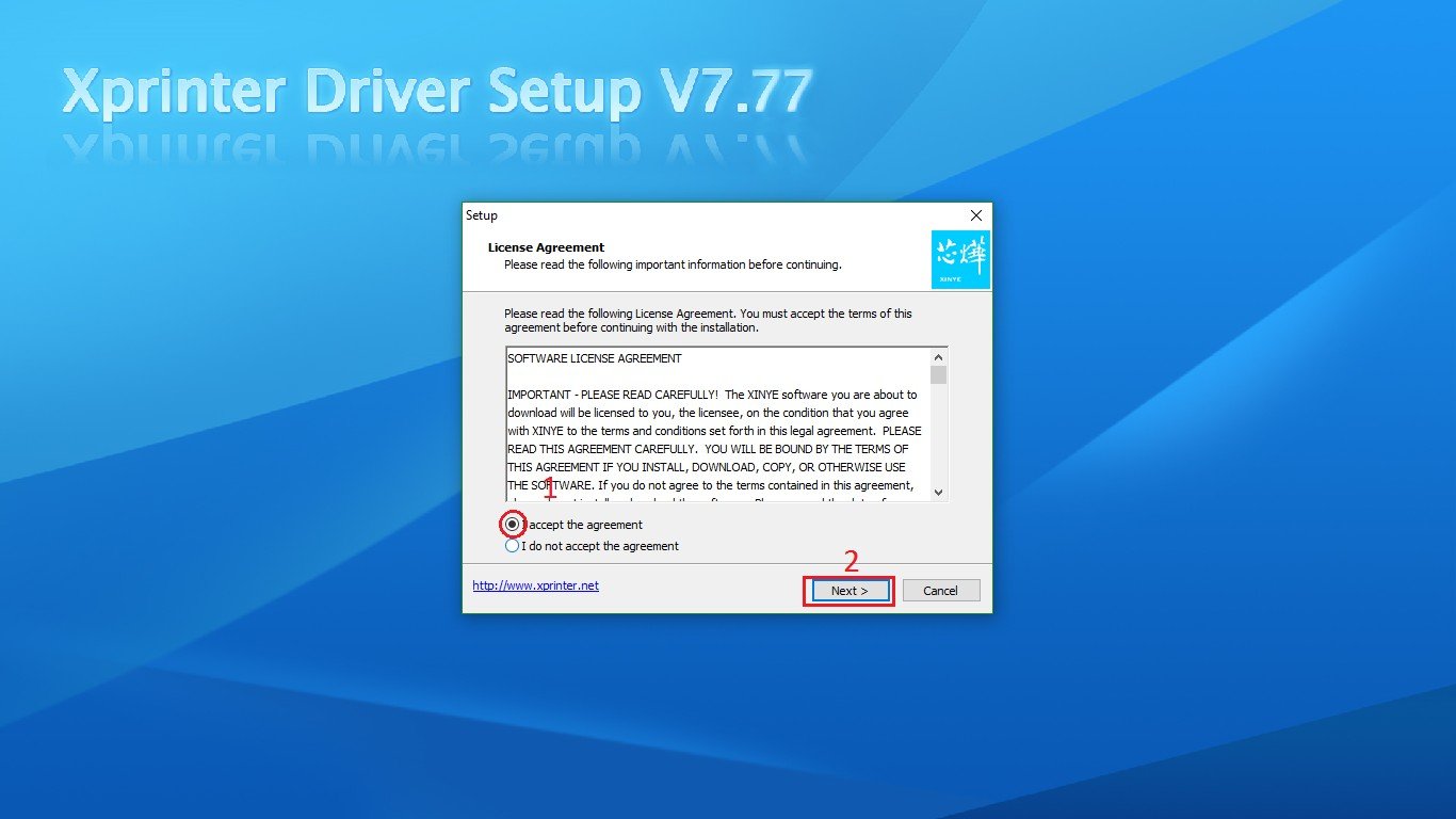 Màn hình đồng ý điều khoản khi cài driver máy in Xprinter Q200