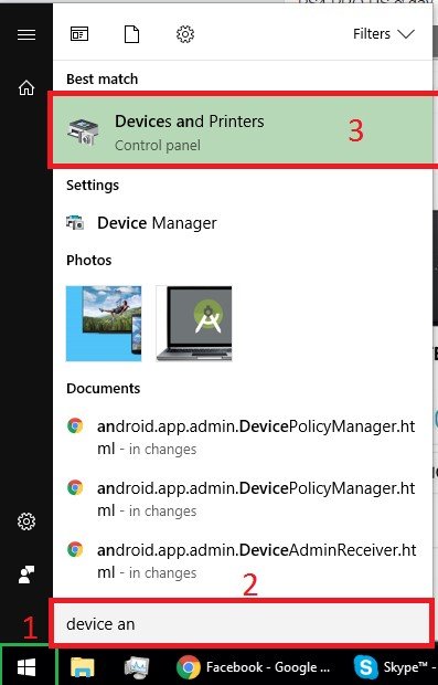 Tìm kiếm Devices and Printers trên Windows để cấu hình máy in