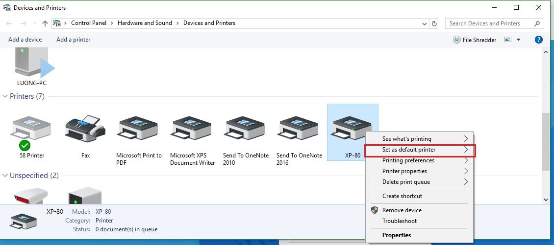 Chọn máy in XP-80 làm máy in mặc định