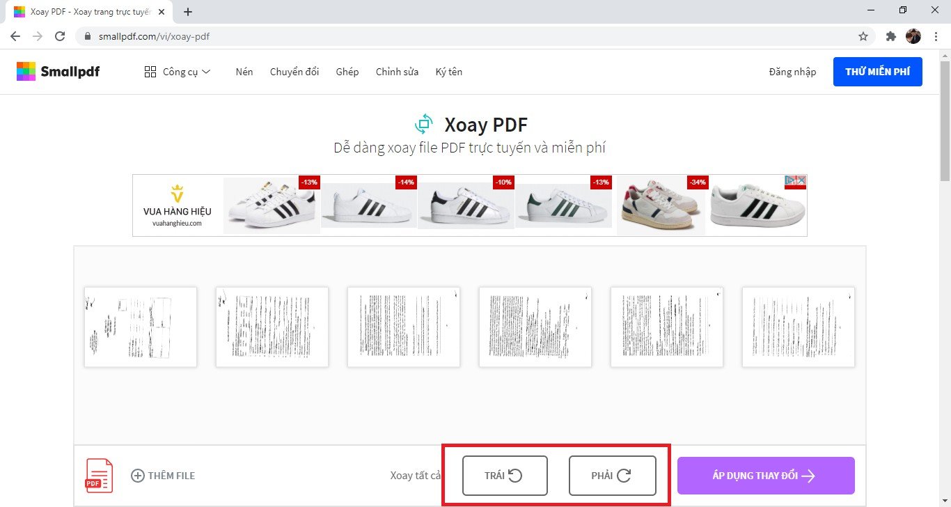 Giao diện xoay file PDF trên SmallPDF với các nút Trái và Phải