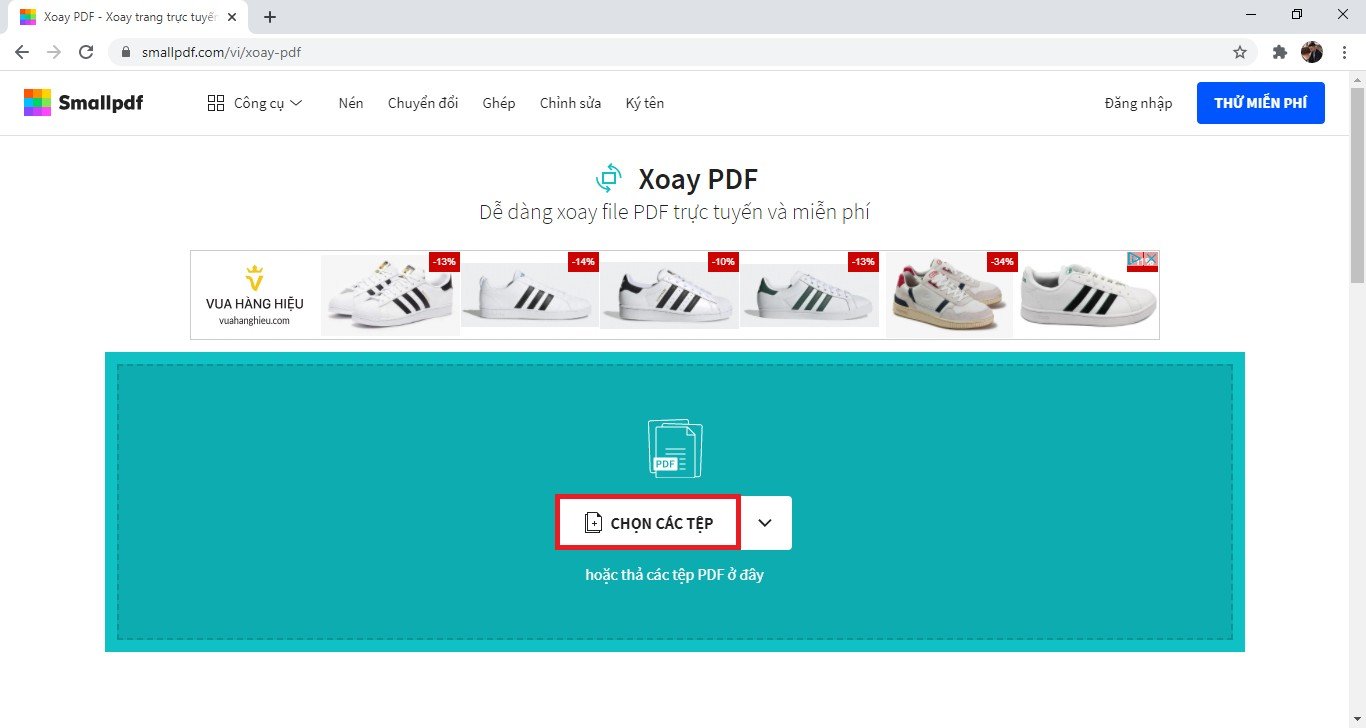 Trang chủ SmallPDF với nút Chọn các tệp để tải file PDF lên