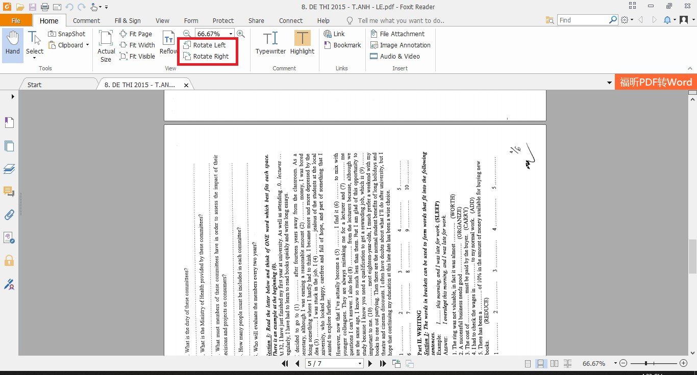 Giao diện Foxit Reader với tùy chọn xoay file PDF