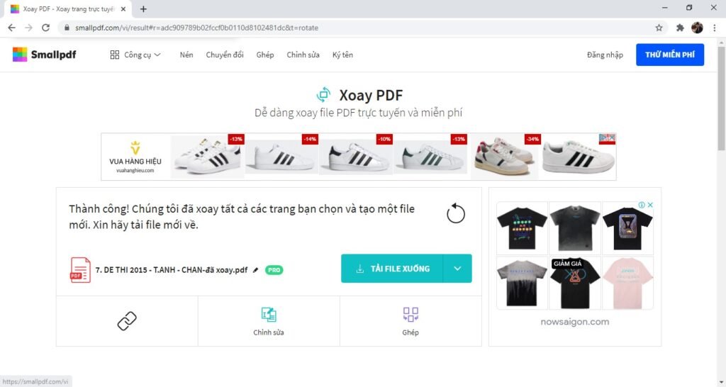 Nút Áp dụng thay đổi và Tải file xuống trên SmallPDF sau khi xoay PDF