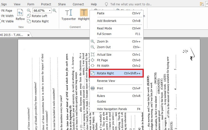 Menu chuột phải trong Foxit Reader hiển thị lệnh Rotate Right để xoay PDF