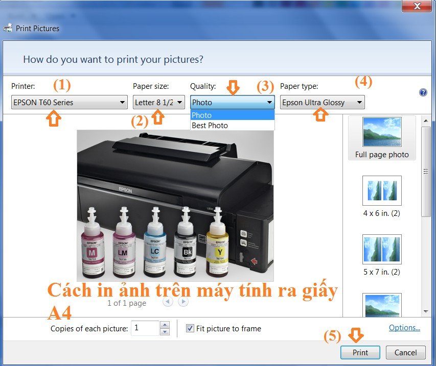 Giao diện cài đặt in ảnh từ máy tính trong Windows