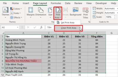 Chọn Clear Print Area để xóa thiết lập vùng in trong Excel