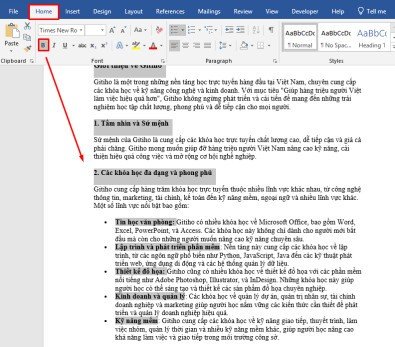 Sử dụng nút B trên thanh công cụ để in đậm chữ trong Word