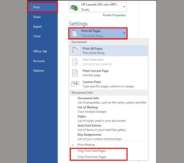 Hướng dẫn cách in 2 mặt file Word thủ công bằng cách chọn in trang lẻ và chẵn