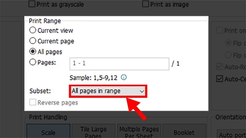 Thiết lập phạm vi trang in trong hộp thoại Print để in PDF 2 mặt thủ công