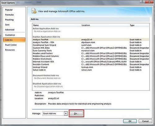Hộp thoại Add-Ins trong Excel, chọn Browse để thêm tiện ích In2mat hỗ trợ in 2 mặt