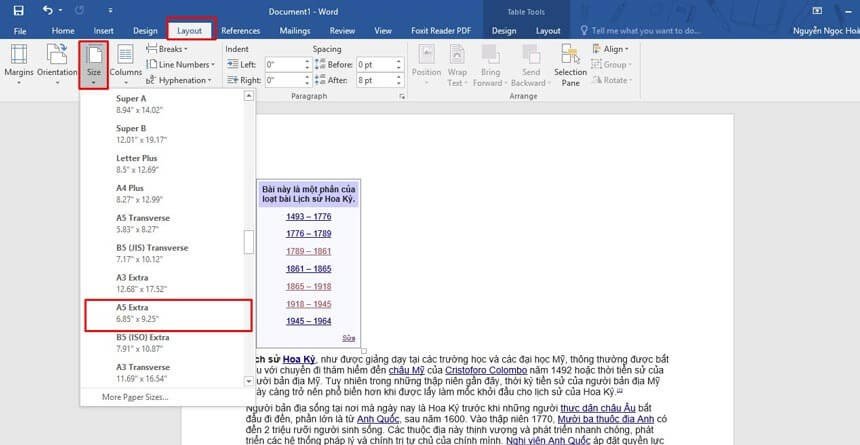 Tùy chọn thêm khổ giấy A5 khác hoặc khổ tùy chỉnh trong Word.