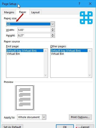 Menu Page Setup trong Word 2003 để in khổ giấy nhỏ