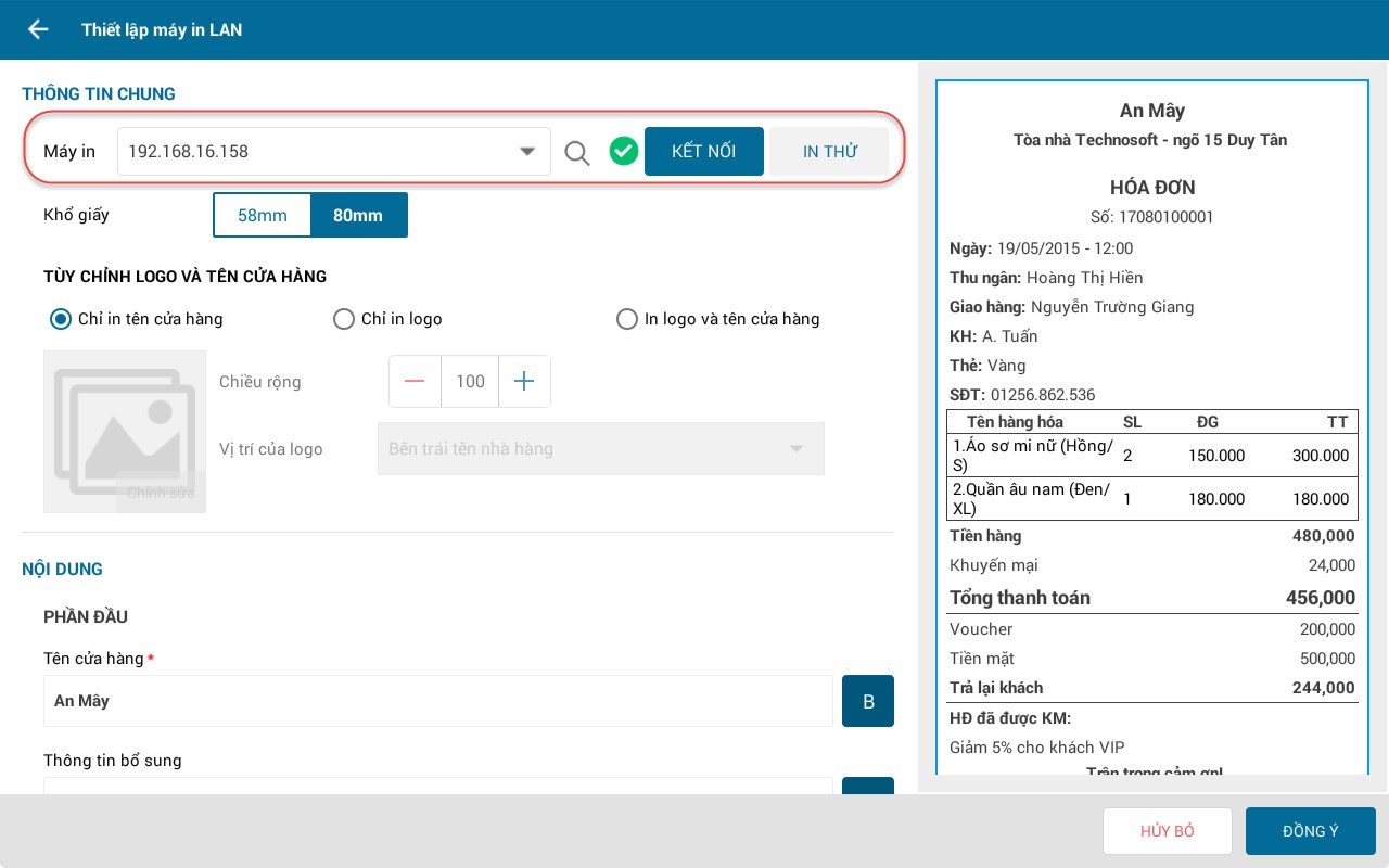 Nhập địa chỉ IP và kiểm tra kết nối máy in thành công