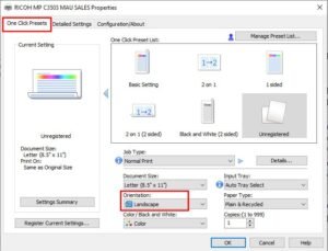 Giao diện cài đặt máy in chọn hướng giấy Landscape để in ngang tài liệu