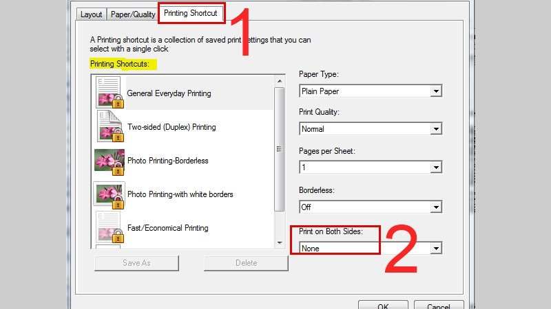 Sử dụng Printing Shortcuts với tùy chọn lật giấy phù hợp để in ngang không ngược