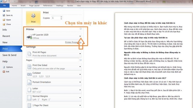 Chọn đúng máy in vật lý trong cài đặt