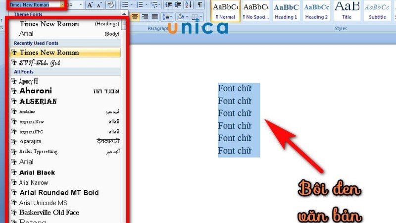 Ví dụ về các loại font chữ