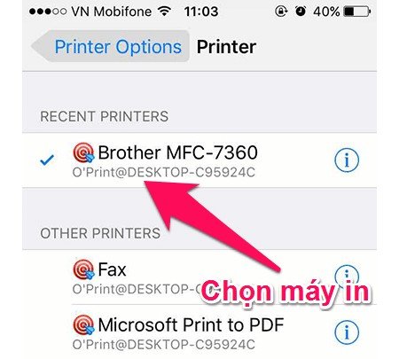 Danh sách máy in hiển thị trên iPhone để người dùng lựa chọn khi in ảnh